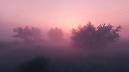 Obraz premium Ethereal landscape shrouded in morning mist with trees silhouetted against a sunrise