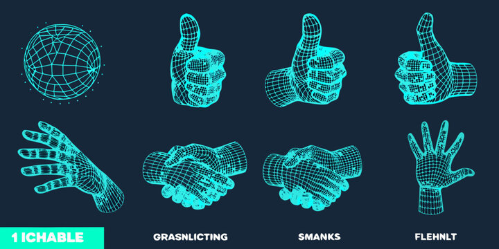 hand gestures and wireframe designs in blue on dark background