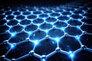 Obraz premium Exploration of a Complex Hexagonal Lattice Structure With Reflective Nodes and Glowing Highlights in a Dark Environment at Night
