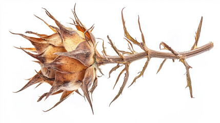 A dried thistle head with its spiky bracts and stem is isolated on a clean white background, showcasing its intricate texture and natural autumnal colors.