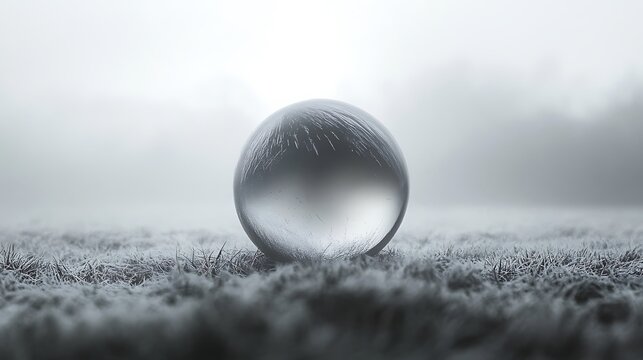Ephemeral sphere on a misty field reflecting nature's tranquility with icy grass