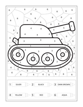Tank Color by Number Vehicle Educational Worksheet for Kids