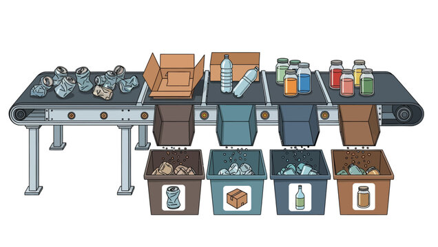 A conveyor belt sorting different types of recyclable materials like cans, cardboard, plastic bottles, and glass jars into separate bins.