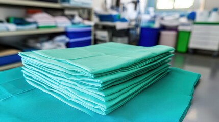 Stack of folded sterile disposable medical scrubs in a clean hospital setting
