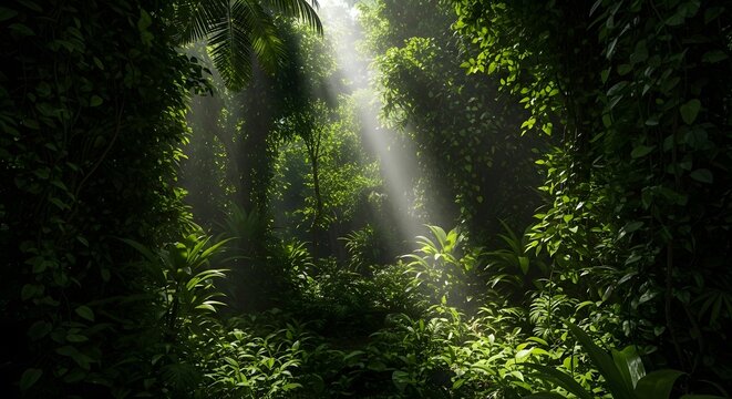 Serene forest desktop background with sunlight streaming through trees