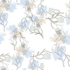 Vintage watercolor Seamless  pattern - flowers, roses branch with buds, leaves. 
Seamless watercolor background with floral pattern. Blue flower, rose, peony, dogrose.
Fashionable stylish pattern
