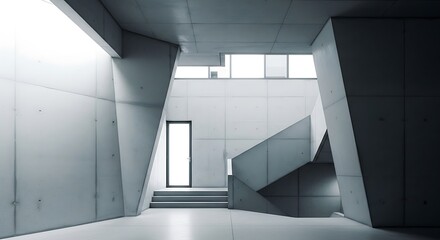 Obraz premium A modern, minimalist interior with a staircase and large windows in a sleek, gray building