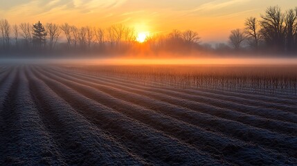 Fototapeta premium Agricultural field bathed in morning mist under a soft gradient sunrise sky