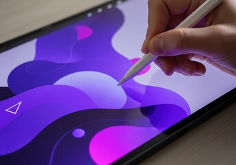 Digital Artist Hand Drawing Abstract Purple Design on Tablet Screen with Stylus