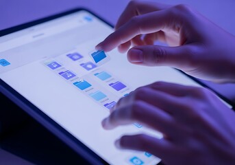 Close up of Fingers Interacting with Digital Files on a Glowing Tablet Screen