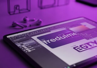 Digital Graphic Design on Tablet with Wireless Earbuds Purple Aesthetic