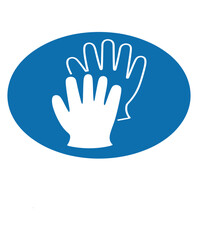 Obraz premium Mandatory blue oval sign with white outlines of protective gloves for hand safety requirements in industrial workspace environments