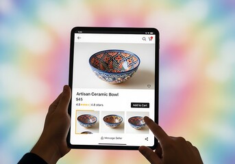 Online Shopping for Artisan Ceramic Bowl on Tablet Device