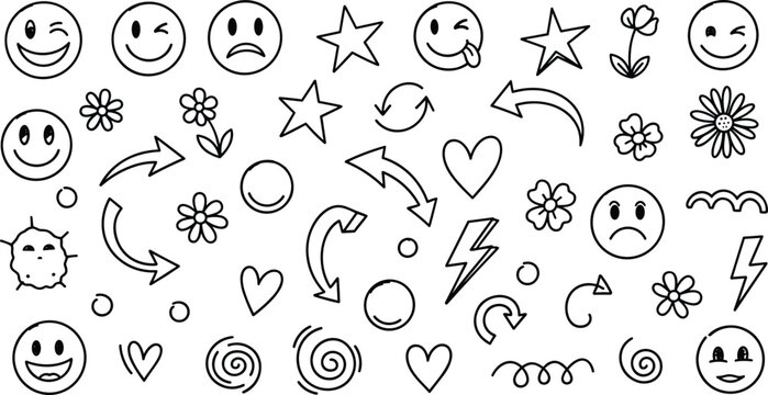Hand Drawn Doodle Emoji And Symbol Icon Set With Smiley Faces Hearts Stars Flowers And Arrows In Playful Black Outline Illustration Style Isolated On White Background