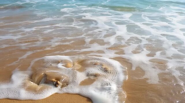 Ocean wave washes over fresh footprints in wet sand then recedes leaving foamy shoreline patterns