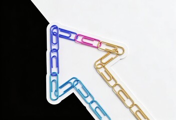 Unique arrow shape formed by colorful paperclips set against a contrasting background conveying creativity and direction in design thinking captured with clarity