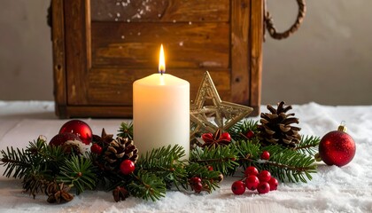 Festive Christmas arrangement with candle, pine cones, star, ornaments, fir sprigs, and faux snow on a white surface