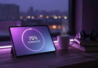 Digital Progress Bar Showing 75 Percent Complete on Tablet Screen at Night