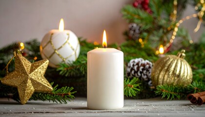 Festive holiday arrangement with candles, star, ornament, and pine branches set on a weathered white surface