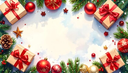 Festive holiday frame with gifts, pine needles, ornaments, and stars surrounding a cloudy white center space