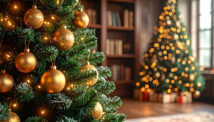 Festive indoor scene showcasing Christmas trees adorned with gold ornaments and warm, inviting bokeh lighting