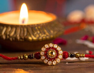 Festive Rakhi bracelet with intricate design on wood near a lit candle, warm and celebratory