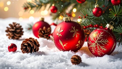 Festive scene of red ornaments and pine cones on snow under an evergreen branch with blurred lights
