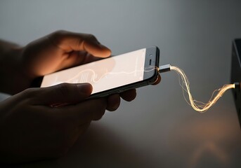 Person Hands Using Glowing Smartphone While Charging in Low Light