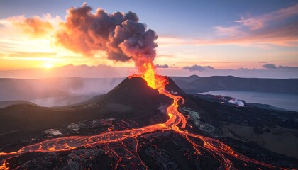 Fiery lava streams down a dark volcanic cone during a sunset, creating a dramatic natural scene