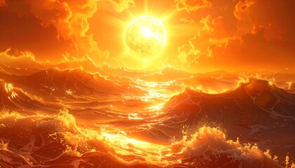 Fiery golden sun illuminating the ocean with crashing waves and glowing horizon under fluffy clouds