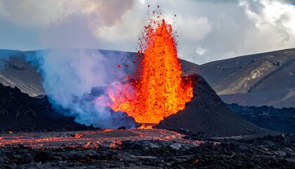 Fiery orange eruption spews from dark volcano, creating smoke; hills and a cloudy sky in the distance