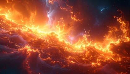 Fiery orange and white celestial cloud formation resembling waves against a dark, starry backdrop