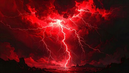 Fiery red lightning strikes a dark, rocky landscape with a body of water under stormy, cloud-filled skies