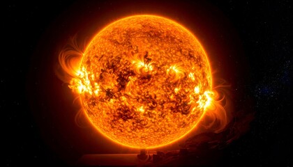 Fiery orange star with solar flares shining brightly against a dark, starry space background