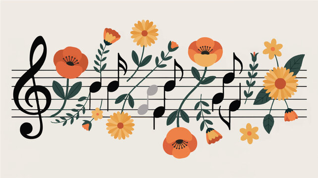 A decorative musical staff illustration with orange and yellow flowers arranged along the black musical lines (4)_traced