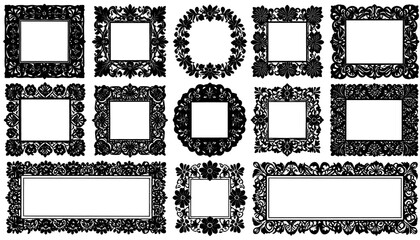 Fifteen ornate frames, black floral patterns, centered white spaces, various shapes, rectangles, squares, oval, silhouette design