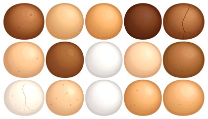 Fifteen spheres arranged in rows, displaying a wide range of light to dark brown and white skin tones