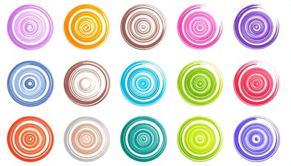 Fifteen swirling circles in various bright colors, painted in spiral forms on a white background