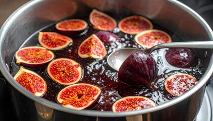 Fig jam simmers in a pot. Sliced & whole fruit float in dark, bubbling liquid; spoon rests inside