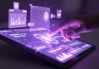 Futuristic Hand Interacting with Holographic Digital Interface on Tablet