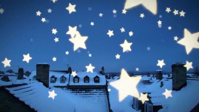 Animated starry sky over snow covered rooftops at night