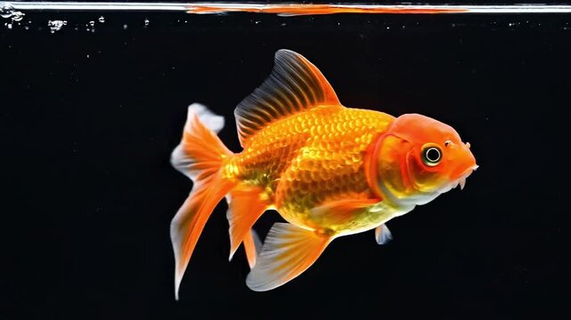 Orange goldfish swims through dark water against a solid black background for use in pet shop advertisements and aquarium posters.