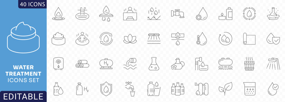 Water treatment icon set. containing water filtration, aquifer, filter, sewage treatment, drain, chlorinated, ultraviolet cleaning, Etc. Fully Editable. Vector illustration.