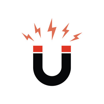 A black horseshoe magnet attracting red lightning bolts illustrating attraction