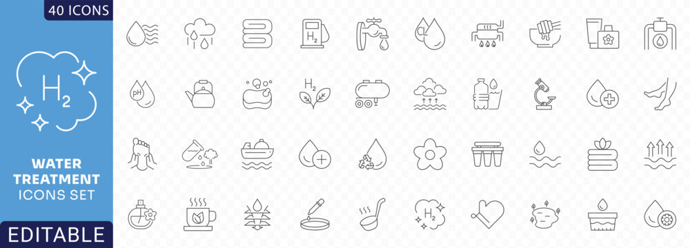 Water treatment icon set. containing water filtration, aquifer, filter, sewage treatment, drain, chlorinated, ultraviolet cleaning, Etc. Fully Editable. Vector illustration.