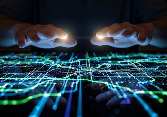 Futuristic Hand Gestures Interacting with Glowing Digital Circuitry on Dark Surface