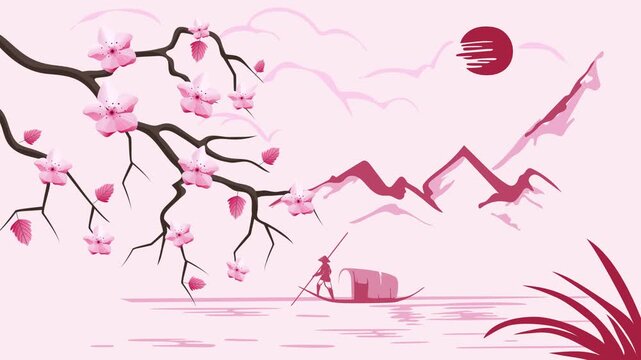2D animation of cherry blossoms on branches and petals. A cherry blossom tree with falling flowers in Japanese style. A spring-themed 2D animation loop for posters.