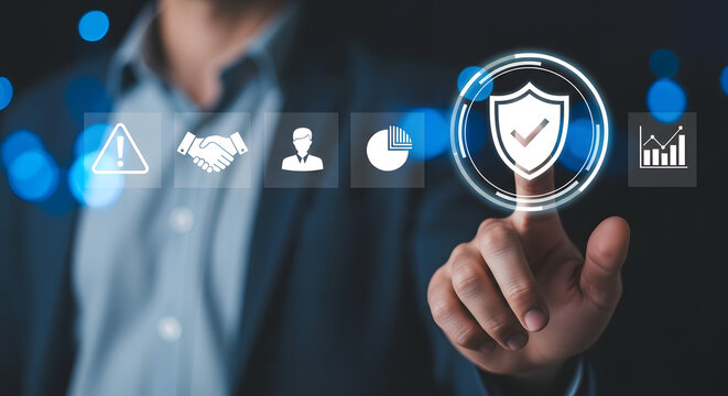 A man interacting with a digital shield icon for cybersecurity
