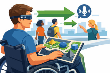 Naklejka premium Accessible augmented reality navigation system for wheelchair users interacting with a 3D map voice interface 