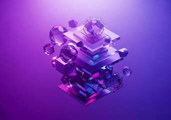 Abstract Geometric Sculpture with Glowing Purple and Pink Neon Lighting